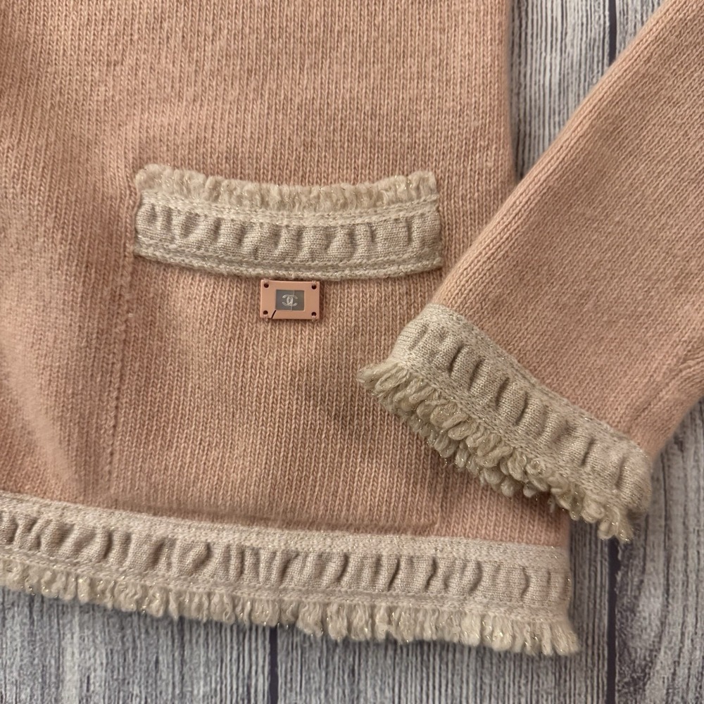 CHANEL 03A Pink 100% Cashmere Fringe Trim Open Front Cardigan Sweater Size 42 - Picture 7 of 13